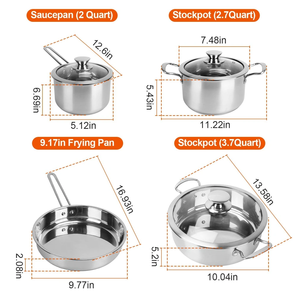Stainless steel cookware set with measurements including a 2-quart saucepan, 2.7-quart stockpot, 9.17-inch frying pan, and 3.7-quart stockpot, featuring clear glass lids for easy visibility.