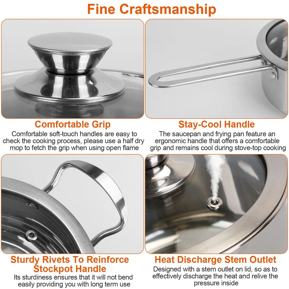 Close-up of a stainless steel cookware lid showcasing its comfortable grip, stay-cool handle, sturdy rivets for stockpot handle reinforcement, and heat discharge stem outlet for safe cooking.