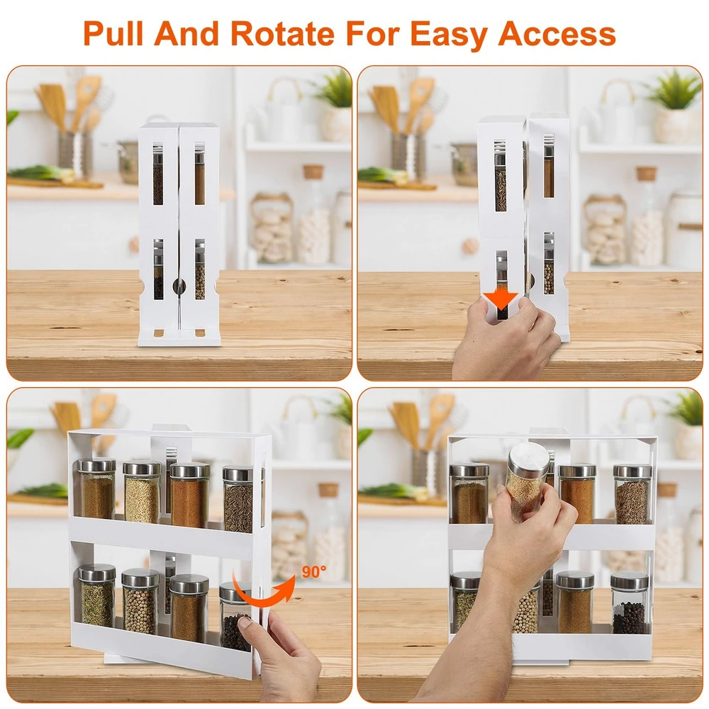 "Spice rack display featuring a pull and rotate mechanism for easy access, showcasing various spice jars on a wooden countertop with a cozy kitchen background."
