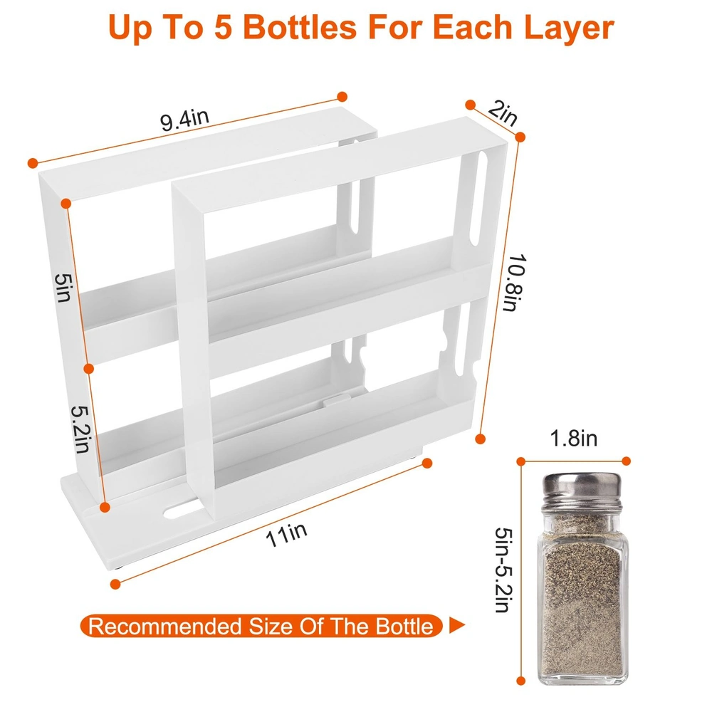 White spice rack organizer dimensions with capacity for 10 bottles, featuring a labeled bottle size for optimal storage; measures 11 inches wide, 10.8 inches high, and 2 inches deep.