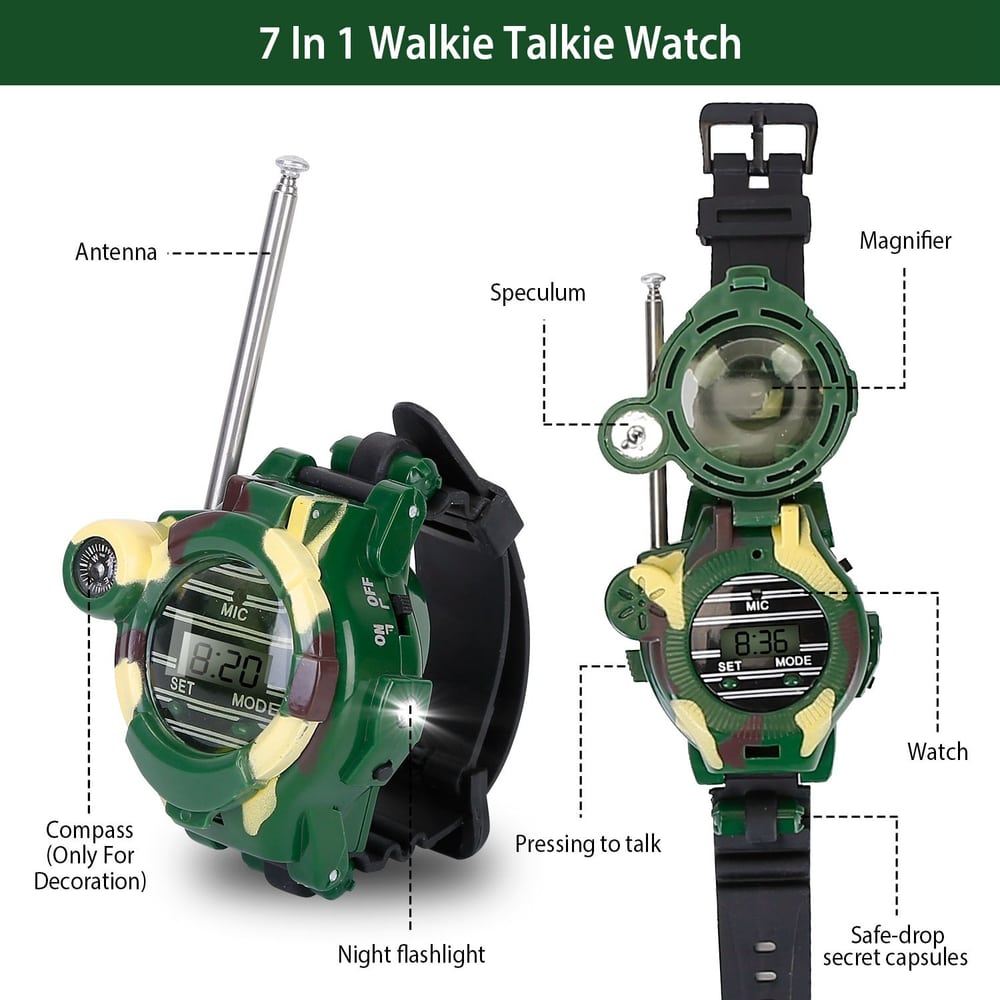 7 in 1 walkie talkie watch featuring a digital display, antenna, built-in flashlight, compass, magnifier, and speculum, designed in a rugged green and yellow style for outdoor adventures.