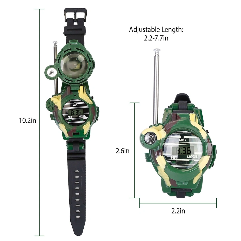Digital camo watch with adjustable length, featuring a microphone and antenna, showcased with dimensions of 10.2 inches in height and 2.6 inches in width.