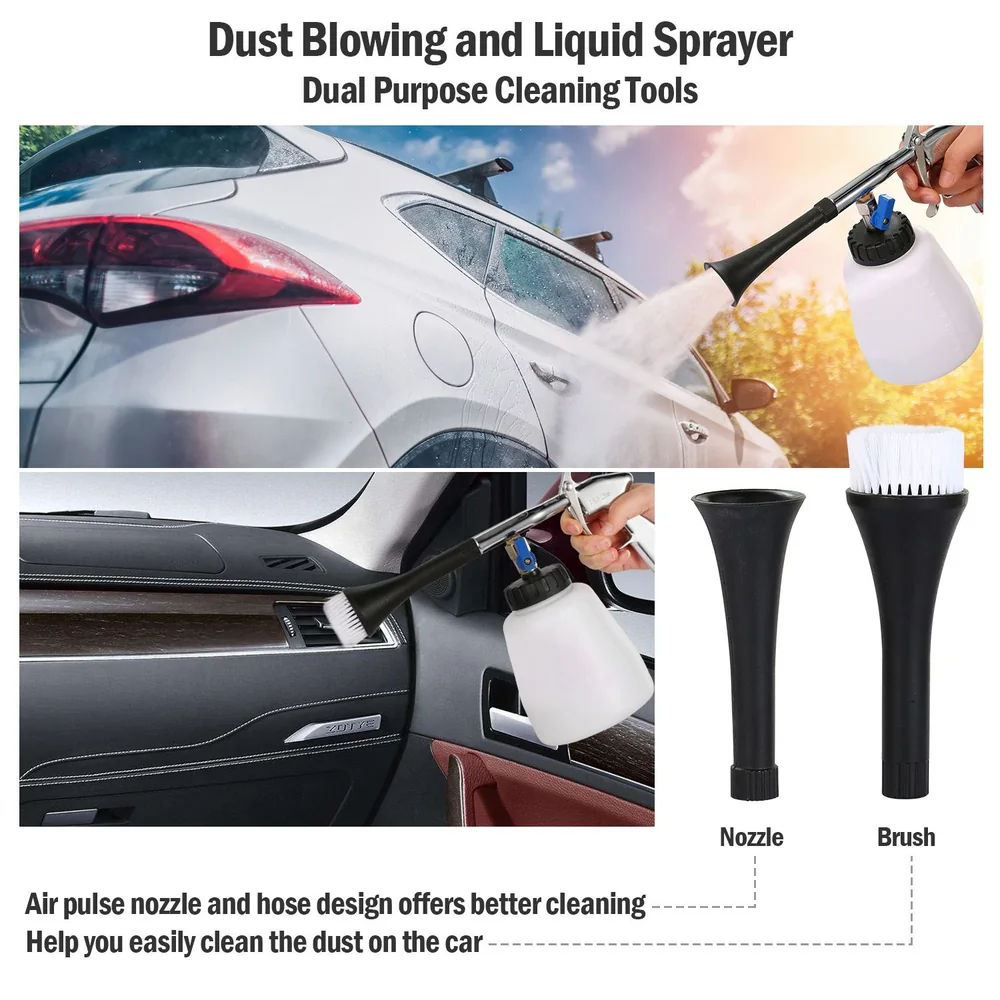 Dual purpose dust blowing and liquid sprayer for effective car cleaning, featuring air pulse nozzle and brush attachments for thorough interior and exterior maintenance.
