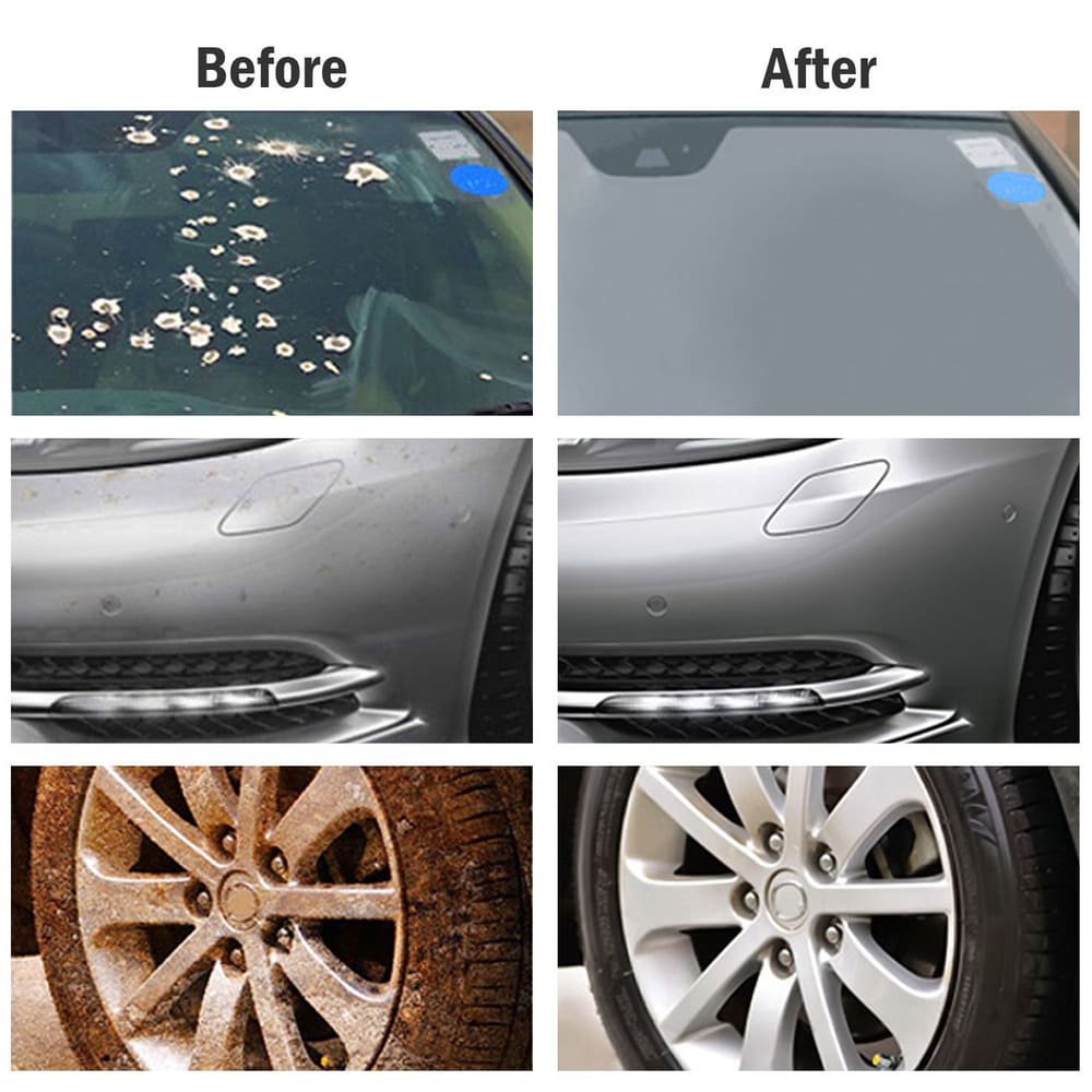Comparison image showing car surfaces before and after cleaning, highlighting the windshield, front bumper, and wheels for improved shine and clarity.