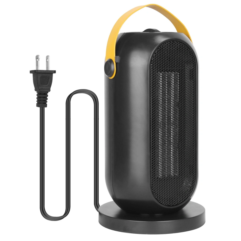Compact black electric space heater with yellow handle and power cord.