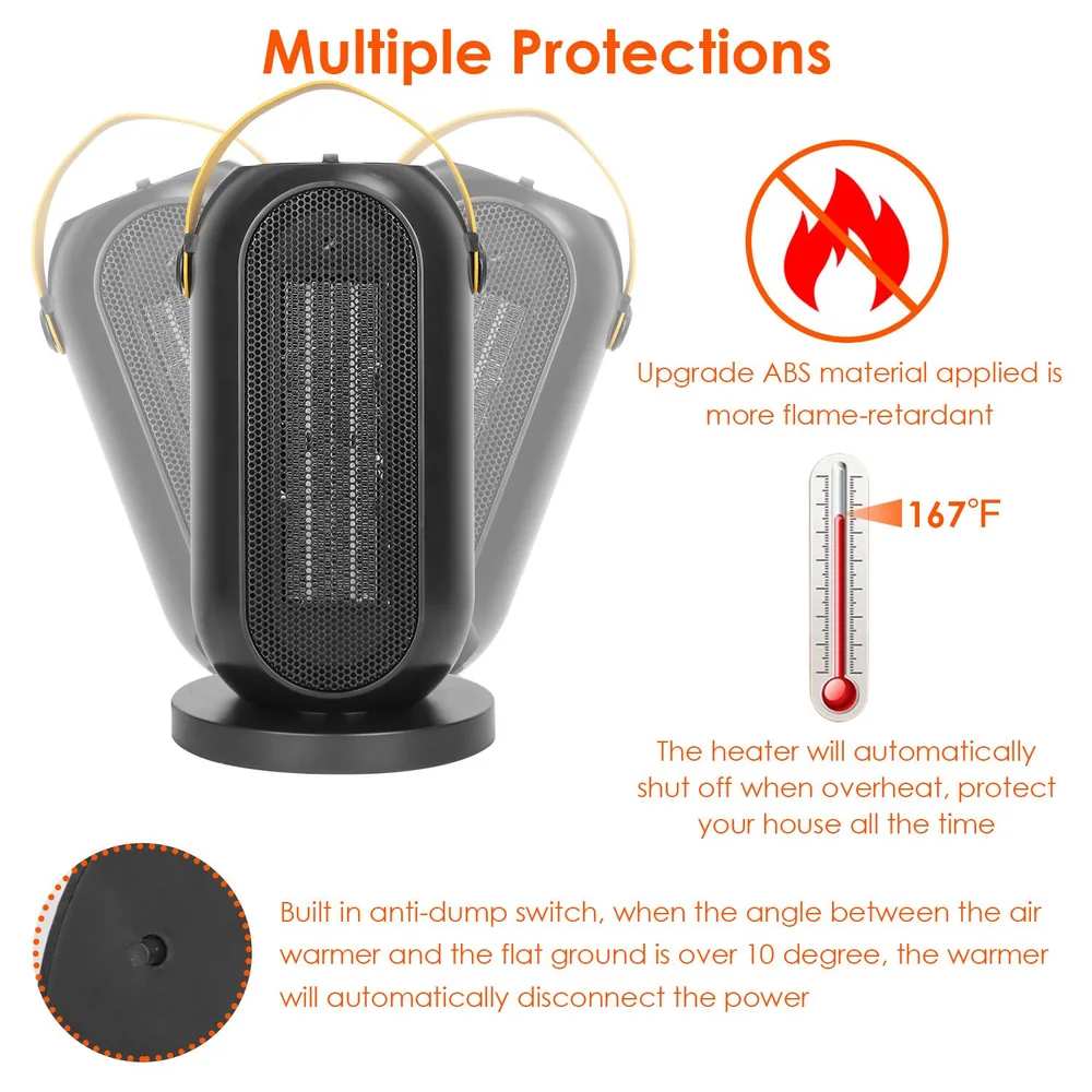 Portable electric heater with safety features, showcasing flame-retardant ABS material, automatic shut-off at 167°F, and anti-dump switch for added protection.