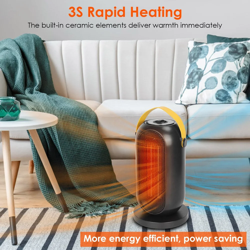 Portable ceramic space heater with rapid 3-second heating, designed for energy efficiency and immediate warmth in cozy living room setting with soft furnishings and decor.