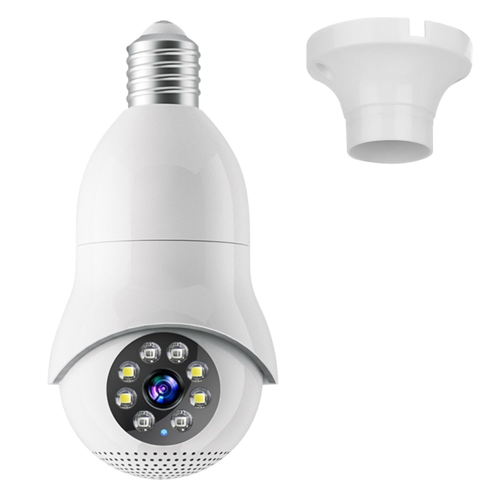 LED light bulb camera with built-in Wi-Fi, featuring 360-degree rotation, and an accompanying adapter for easy installation.