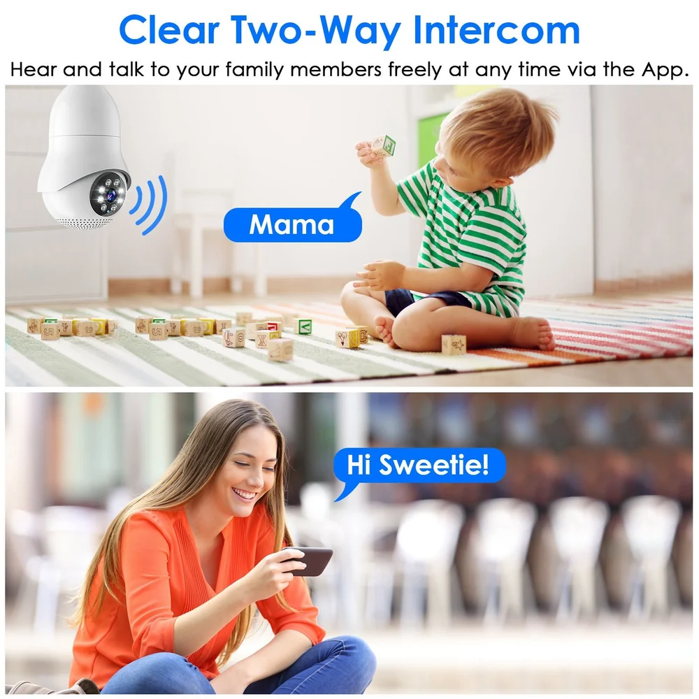 Two-way intercom in a home setting, featuring a young child playing with blocks and communicating with a woman using a smartphone, emphasizing clear audio and family connectivity.