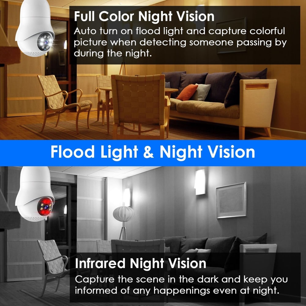 Smart security camera with full color night vision, flood light, and infrared capabilities, designed to capture clear images in low-light conditions, enhancing home safety.