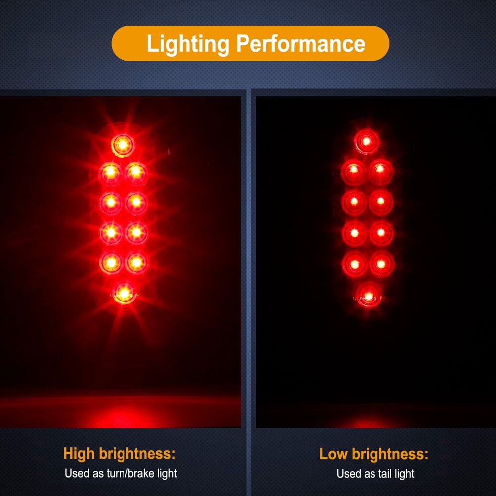 LED taillight showcasing high and low brightness settings, with high brightness used as a turn/brake light and low brightness as a tail light, on a dark background.