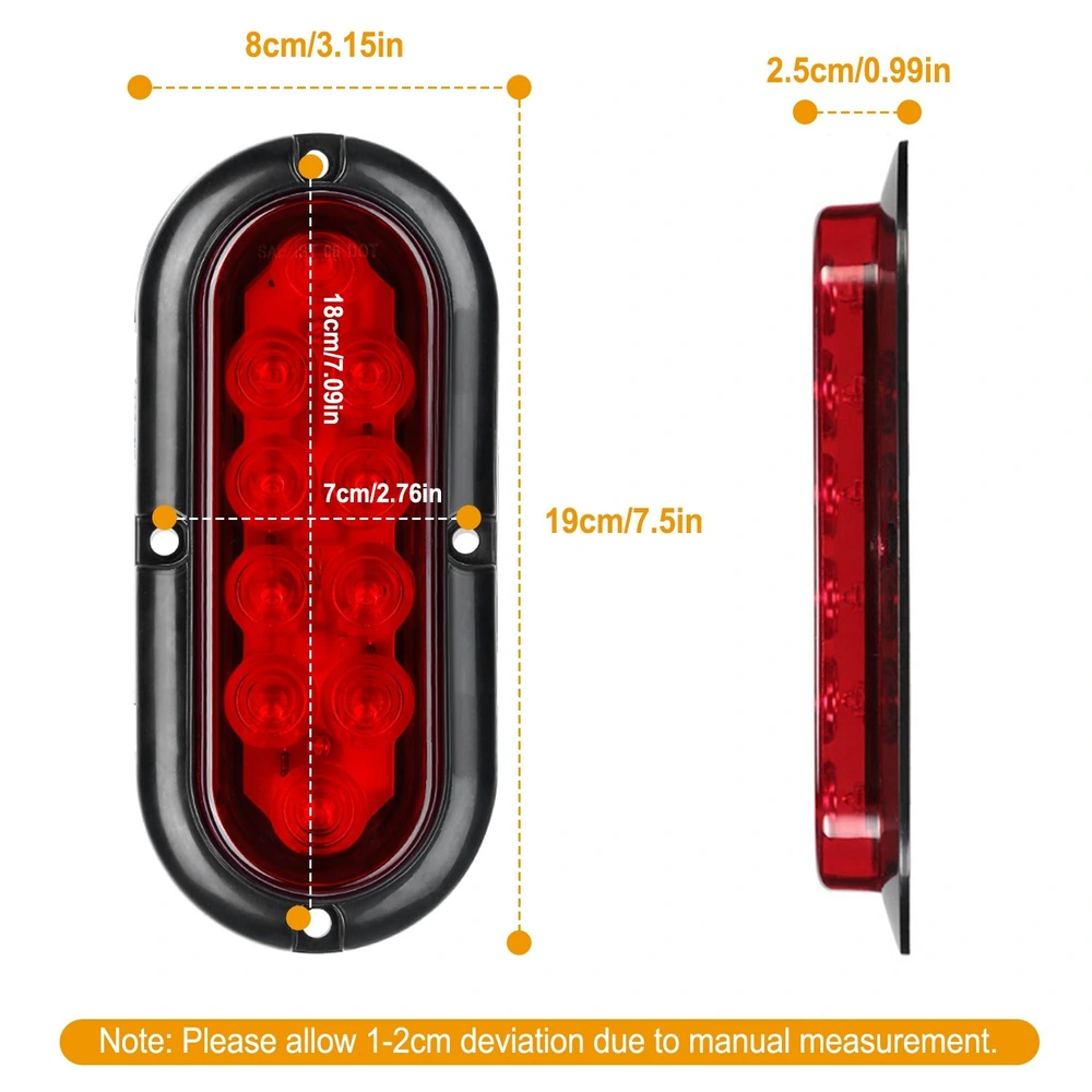 Red LED trailer marker light with black housing, dimensions 19 cm x 8 cm, featuring multiple light bulbs for enhanced visibility and safety.