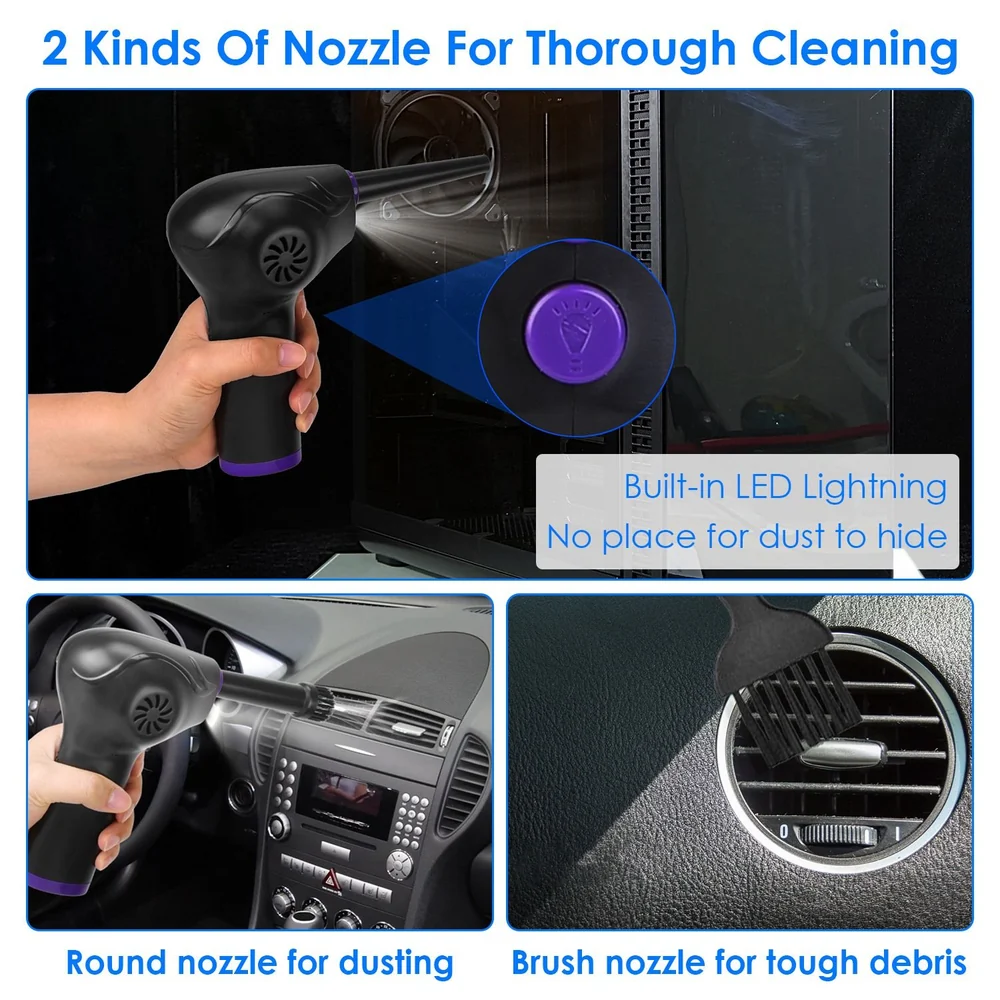 Handheld mini vacuum cleaner with two interchangeable nozzles, including a round nozzle for dusting and a brush nozzle for tough debris, featuring built-in LED lighting for improved visibility during cleaning.
