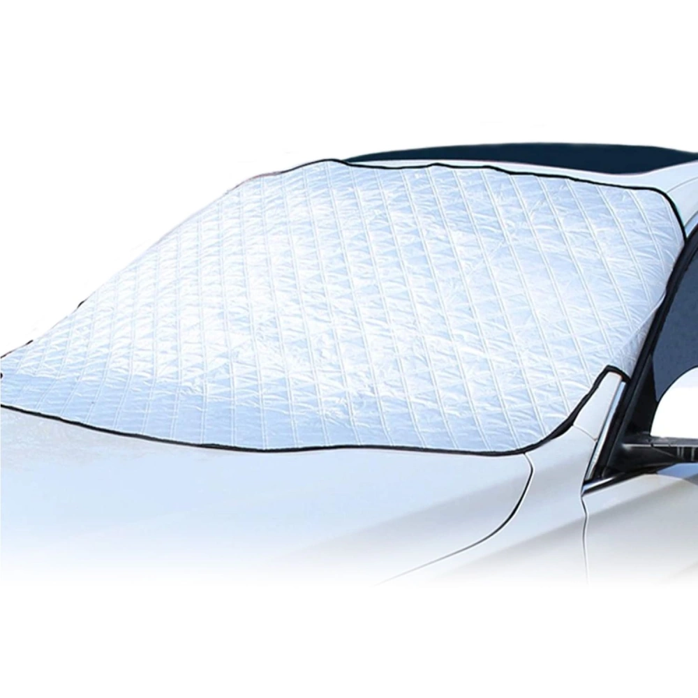 Car windshield sunshade with a reflective silver surface for UV protection, designed to keep vehicle interiors cool and reduce heat buildup.