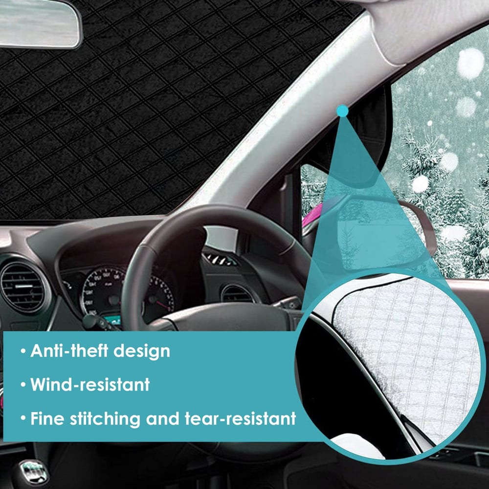 Car windshield sunshade with anti-theft design, wind resistance, and durable tear-resistant fabric, displayed inside a vehicle with a snowy background.