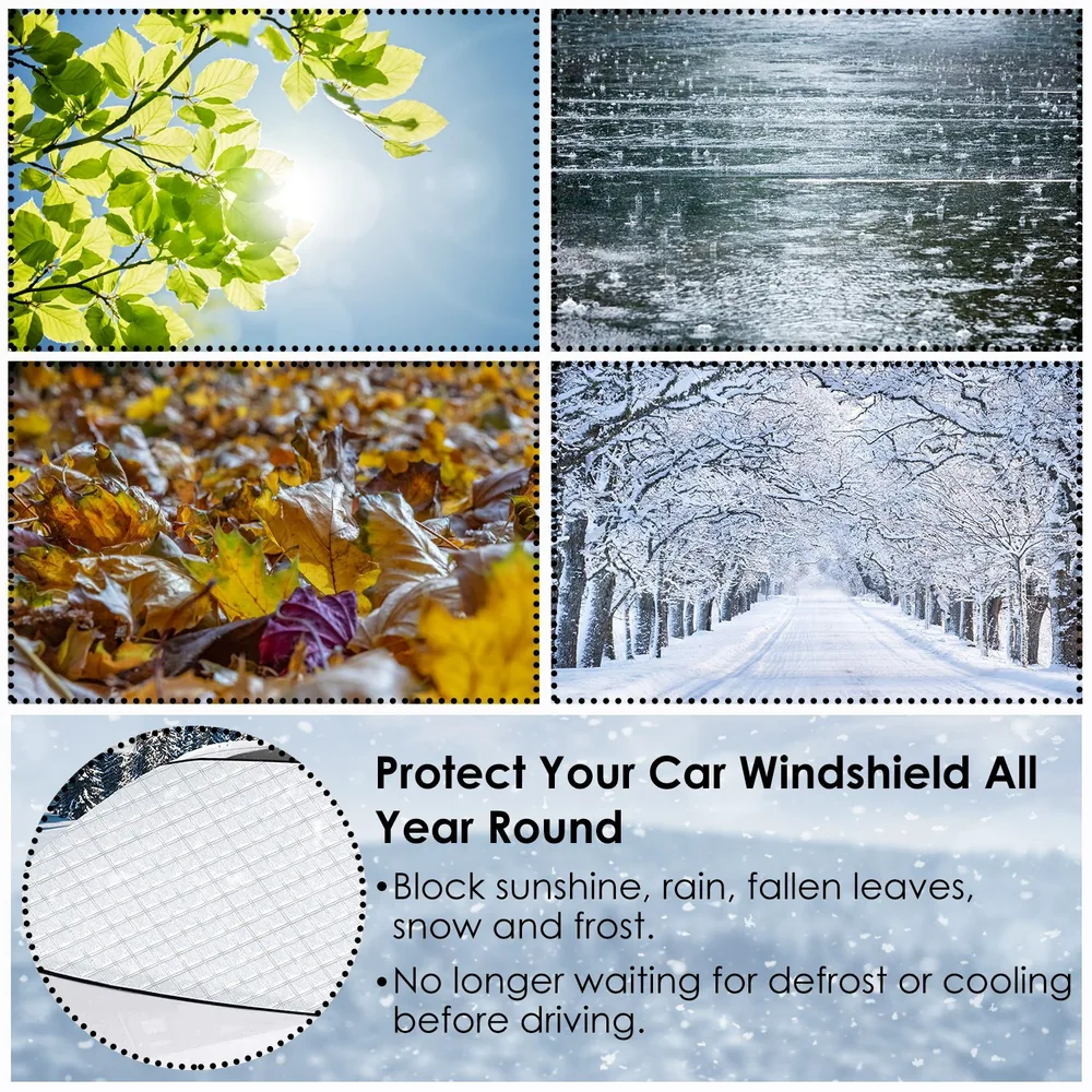 Car windshield protection product showcasing seasonal weather elements including sunshine, rain, fallen leaves, and snow, with a text overlay highlighting benefits of year-round use to block various weather conditions.