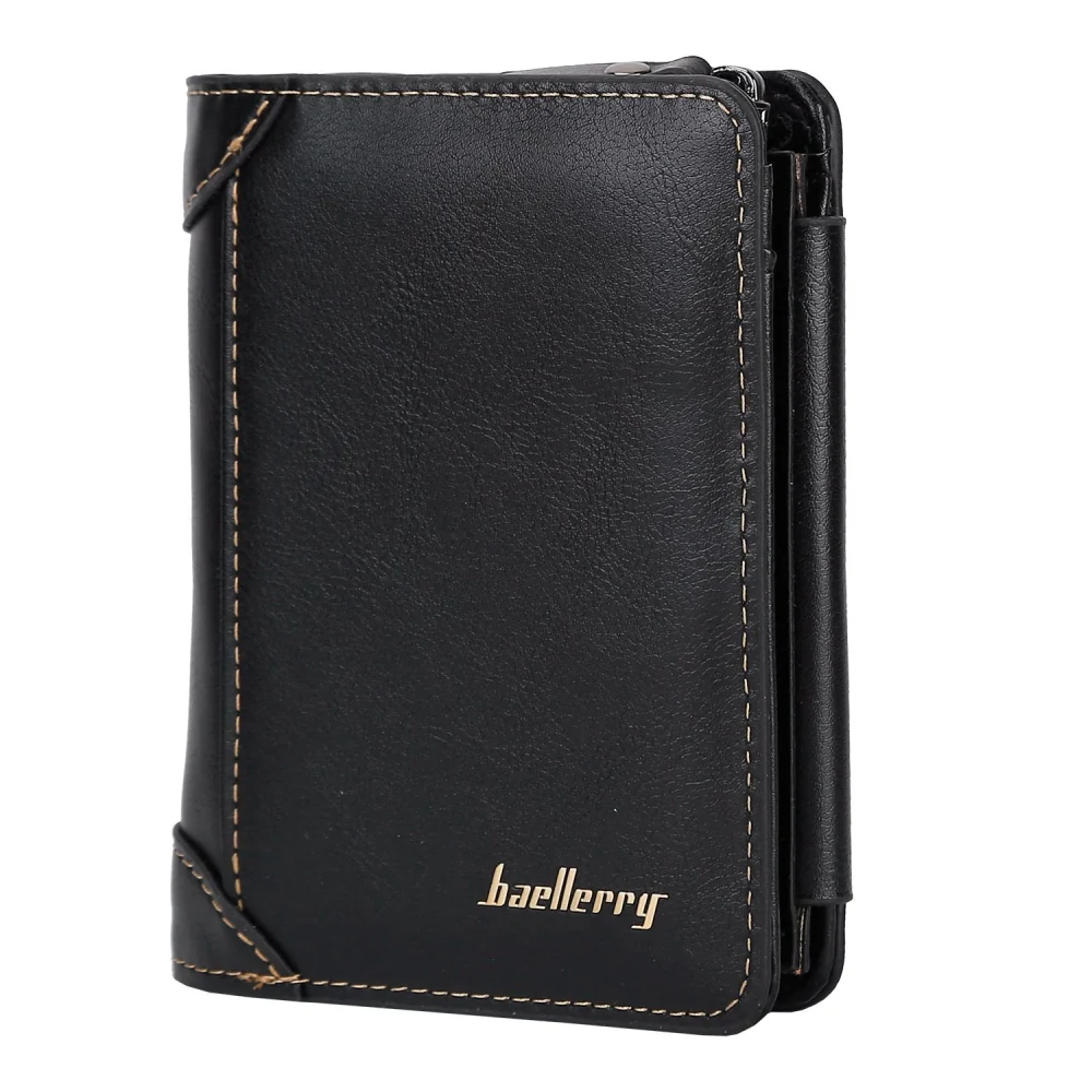 Stylish black leather wallet with gold logo by Baellerry, featuring a slim design and contrast stitching for a sophisticated look.