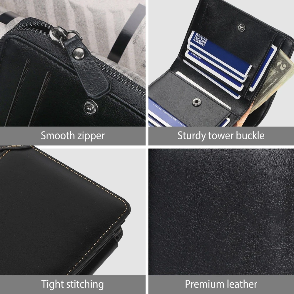 Black leather wallet with smooth zipper, sturdy tower buckle, tight stitching, and premium leather finish, showcasing card slots and a cash pocket.
