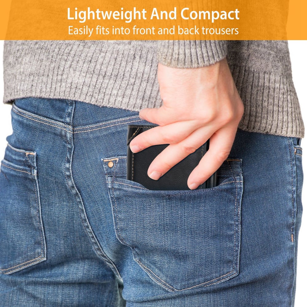 Person inserting a compact black wallet into the back pocket of blue jeans, showcasing the lightweight and space-saving design suitable for everyday use.