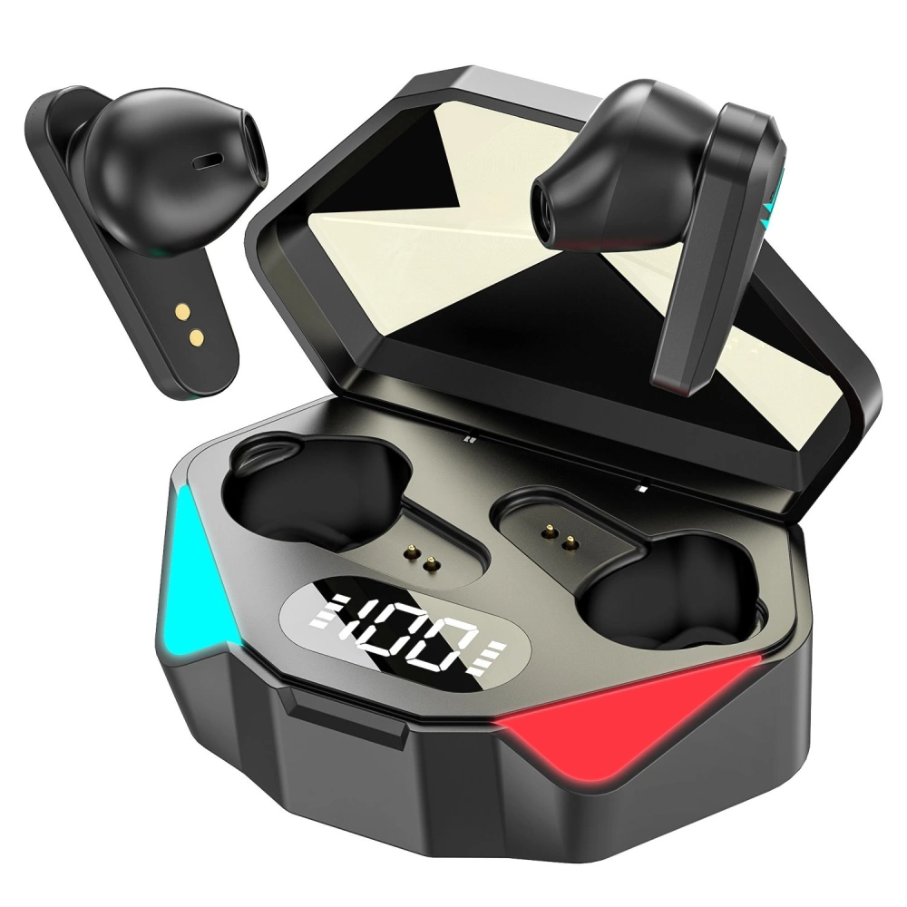 Wireless Bluetooth earbuds with charging case featuring LED battery display, modern design, and ergonomic fit for comfortable listening.