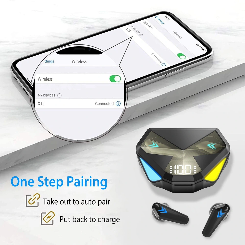Wireless earbuds with charging case displaying one-step pairing feature on a smartphone screen, highlighting auto-pair and charging instructions.