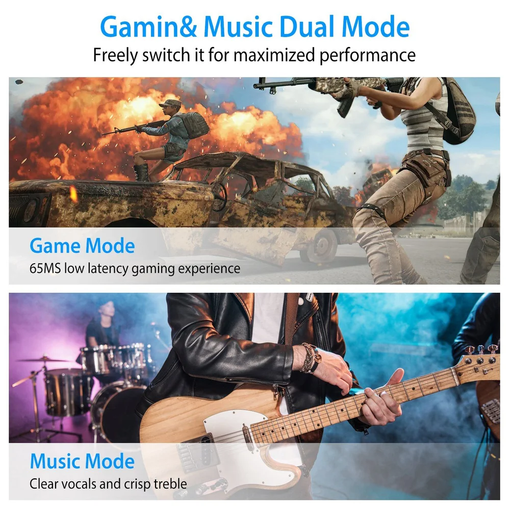 Gaming and Music Dual Mode product image showcasing two modes: Game Mode with 65MS low latency for gaming and Music Mode for clear vocals and crisp treble, featuring action-packed gaming and a live music performance.