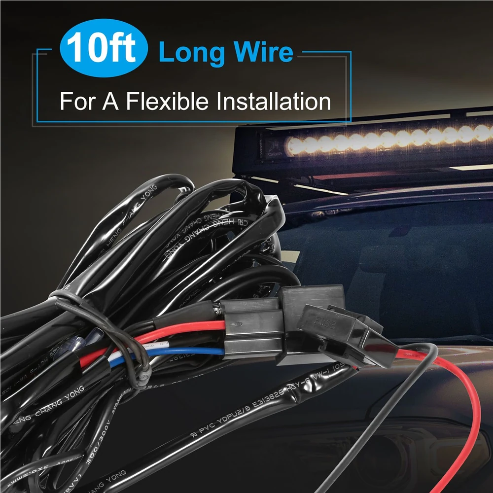 10-foot long wiring harness for flexible installation, featuring black, red, and blue wires, designed for enhanced connectivity in off-road LED light bar setups.