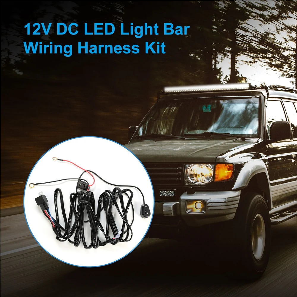 12V DC LED light bar wiring harness kit displayed alongside a black SUV, featuring a tangle of durable wires and a user-friendly on/off switch, ideal for off-road lighting upgrades.