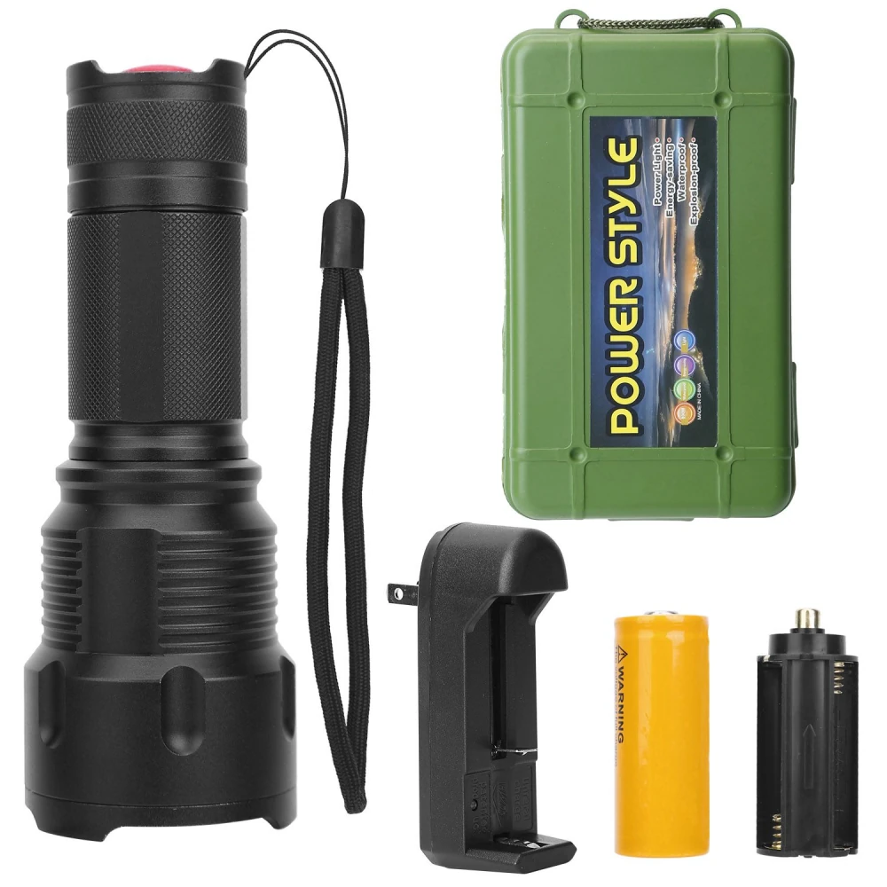 Durable black flashlight with lanyard, green carrying case labeled "Power Style," black battery charger, yellow rechargeable battery, and black battery holder, ideal for outdoor adventures and emergency use.