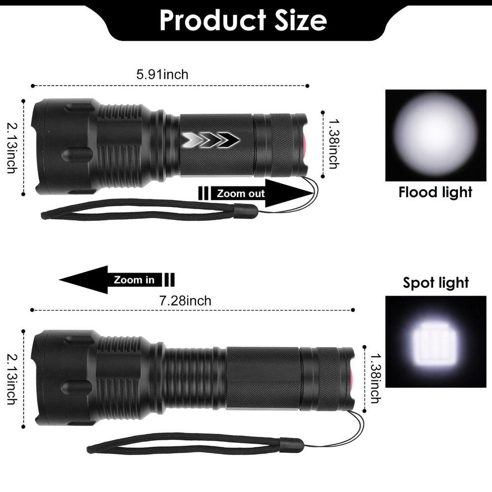 Black adjustable zoom flashlight with measurements showing 5.91 inches in length, 2.13 inches in diameter, and 1.38 inches for the beam diameter, featuring flood and spot light options.