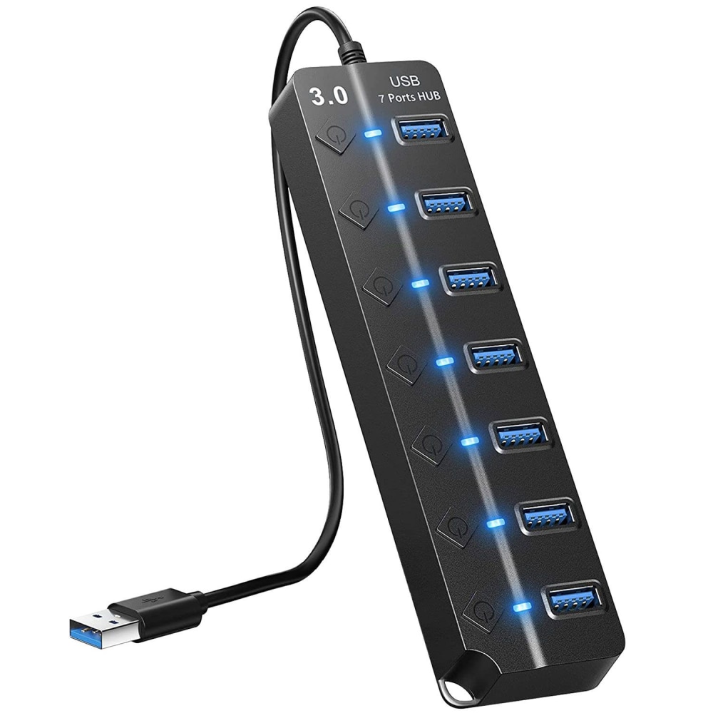 USB 3.0 powered hub with 7 ports, featuring blue LED indicators and a black sleek design, connecting multiple devices easily.