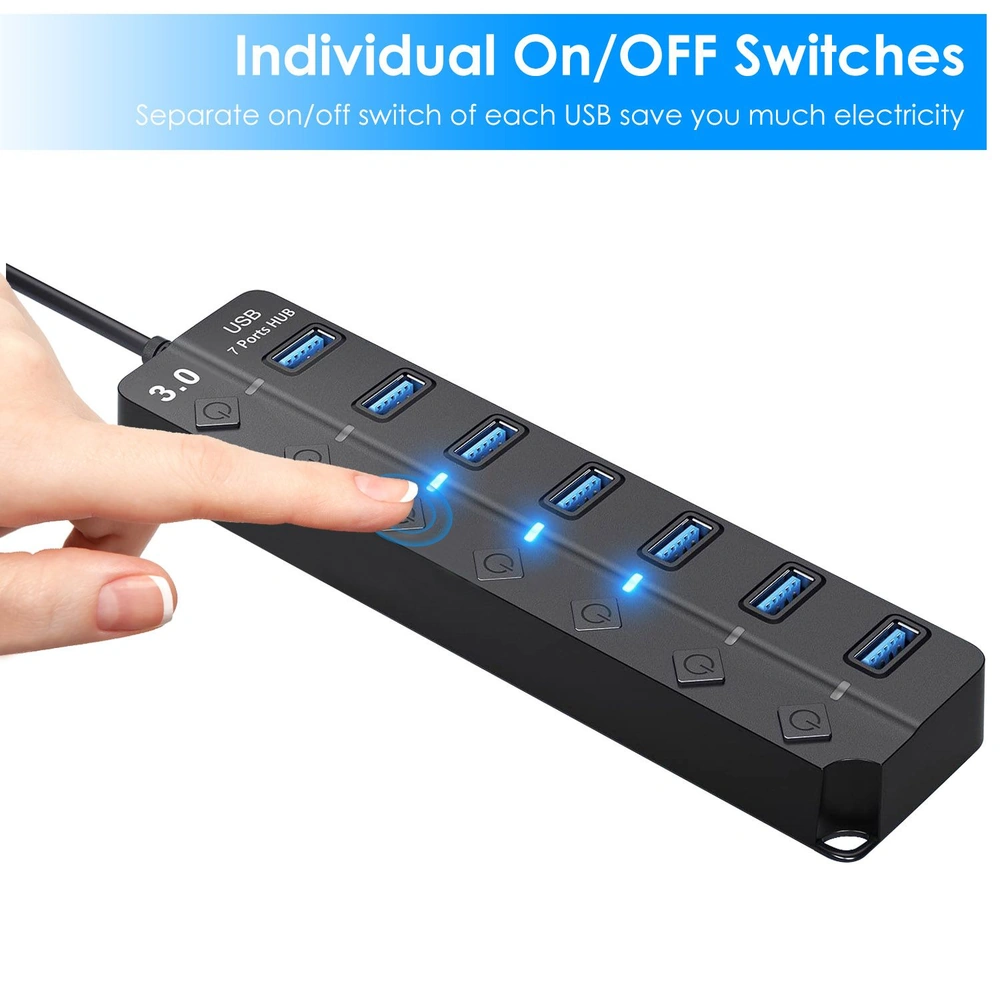 USB 3.0 hub with 7 ports and individual on/off switches, showing a hand pressing a switch, designed for energy efficiency and convenient device management.