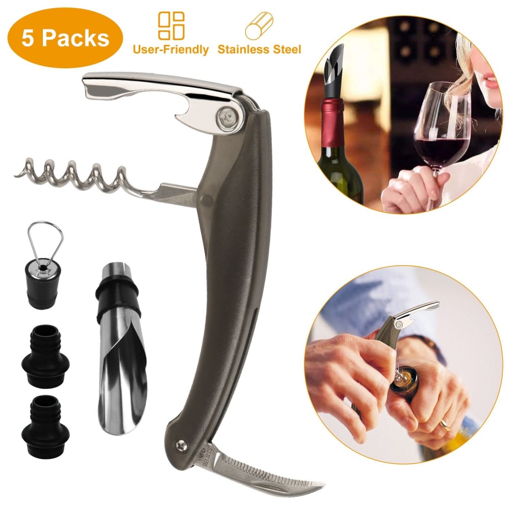 Stainless steel wine corkscrew set with accessories, including bottle pourers and a foil cutter, designed for easy and efficient bottle opening, featured in a user-friendly 5-pack.