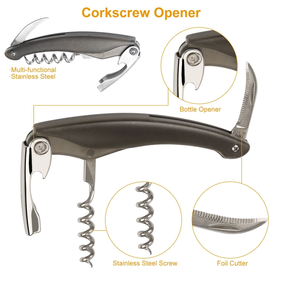 Multi-functional stainless steel corkscrew opener featuring a corkscrew, foil cutter, and bottle opener, designed for easy wine and bottle access.