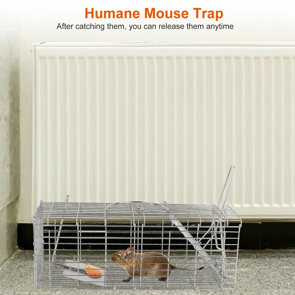 Humane mouse trap with live mouse inside, featuring a trigger mechanism and bait, set against a light-colored wall and radiator background.