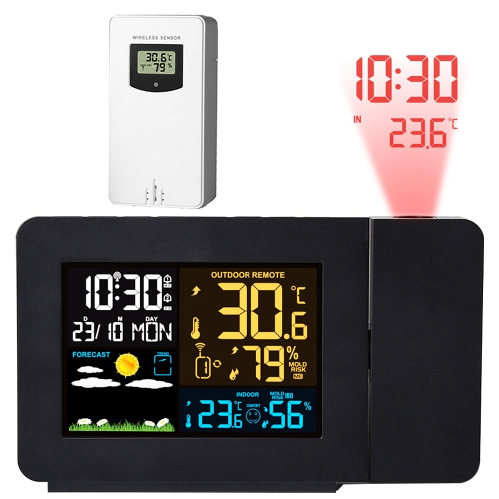 Digital weather station with wireless sensor, displaying indoor and outdoor temperature, humidity levels, time projection, and weather forecast icons.