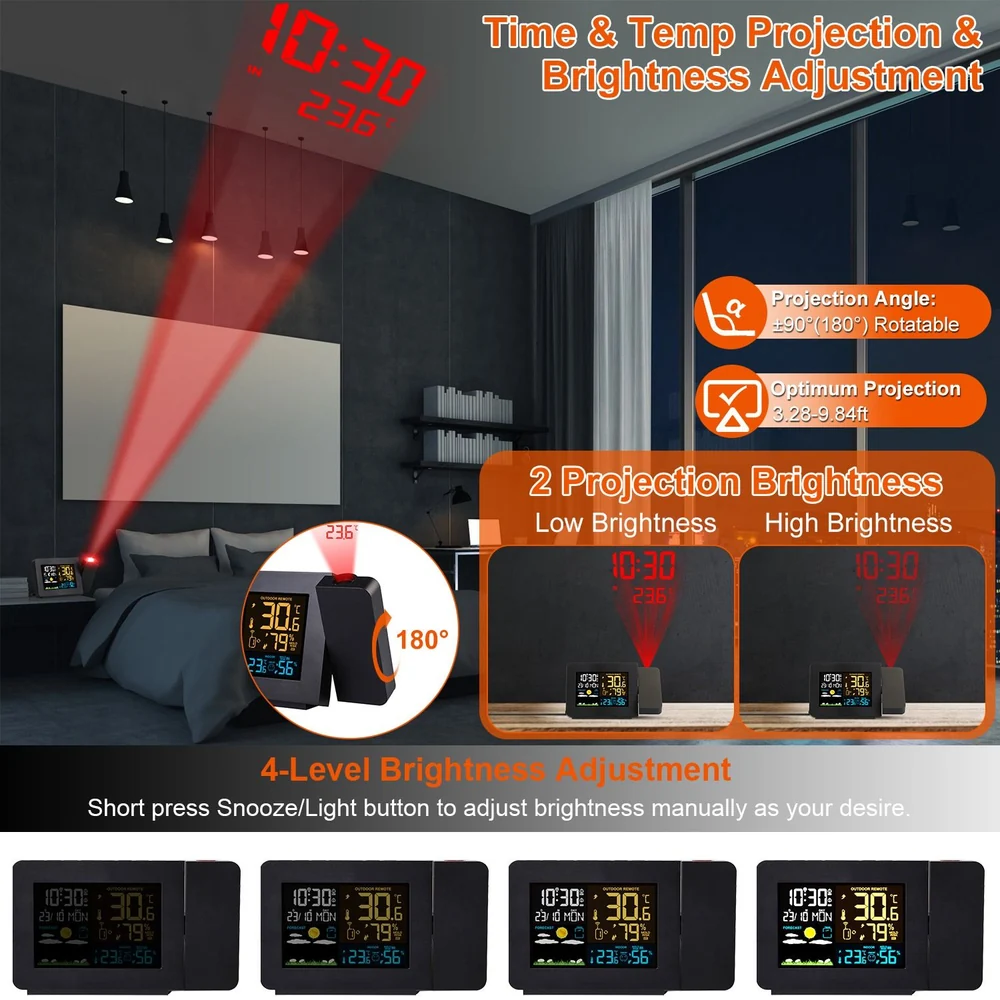 Digital alarm clock featuring time and temperature projection with adjustable brightness levels, designed for optimal viewing in a bedroom setting.