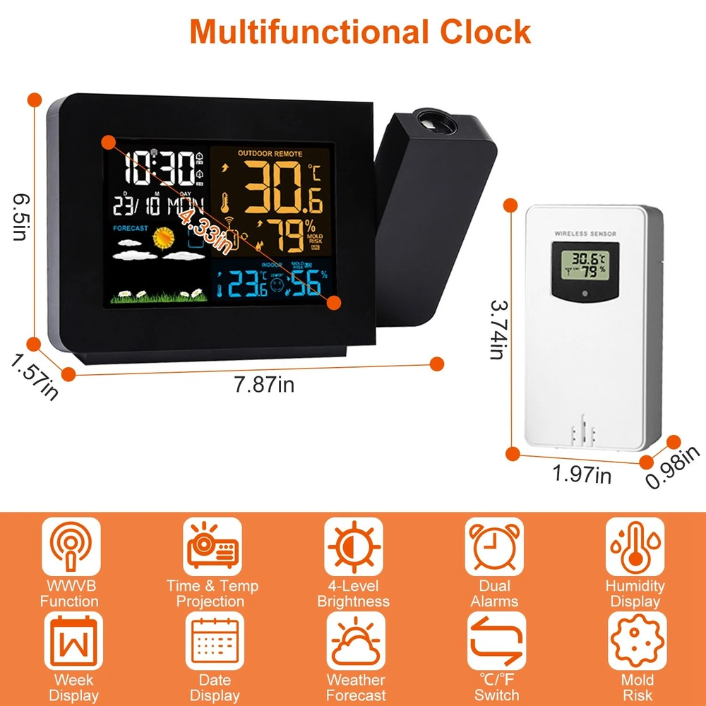 Multifunctional digital clock with weather forecast, time projection, and dual alarms, featuring a wireless sensor for indoor and outdoor temperature and humidity display.