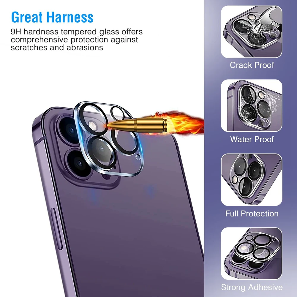 Tempered glass camera lens protector for smartphones, showcasing 9H hardness, crack-proof, water-proof, and full protection features, designed for maximum durability against scratches and abrasions.