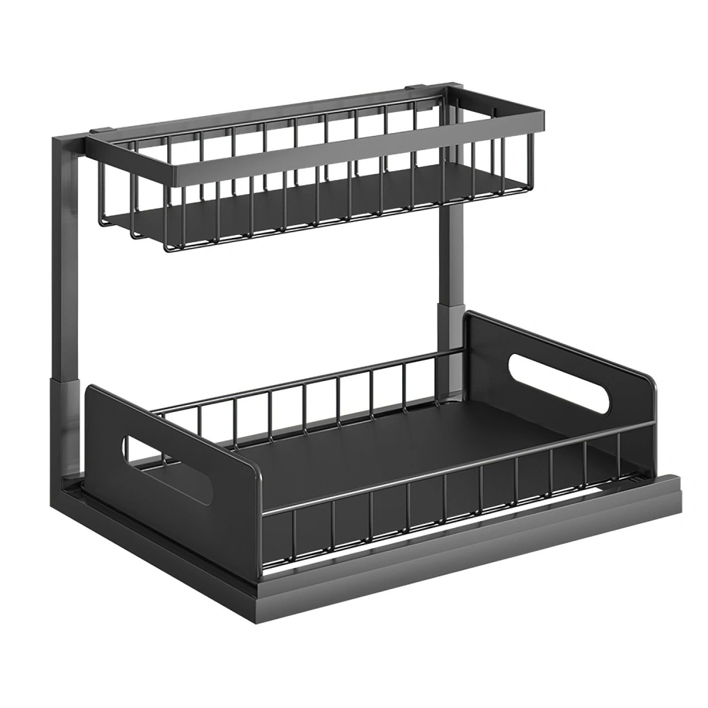 Two-tiered black metal storage organizer with mesh wire baskets and side handles for easy access.