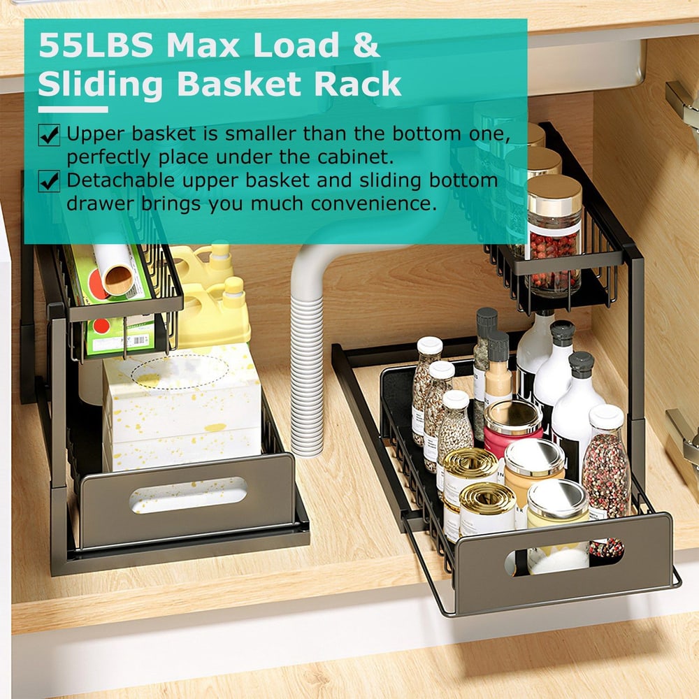 Sliding basket rack with a 55LB max load capacity, featuring a detachable upper basket and sliding drawer, organized under-cabinet storage for spices and condiments.