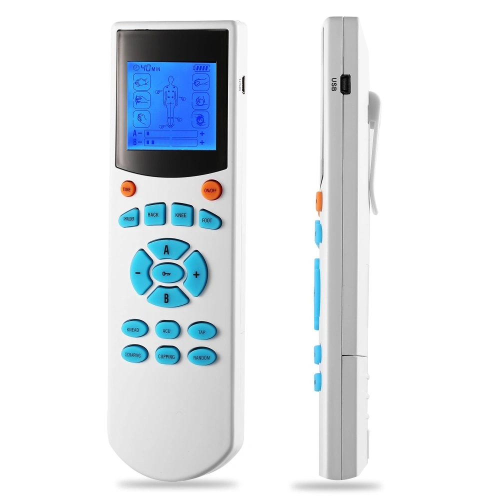Massage therapy remote control with blue LCD screen and multiple function buttons for adjustable settings.