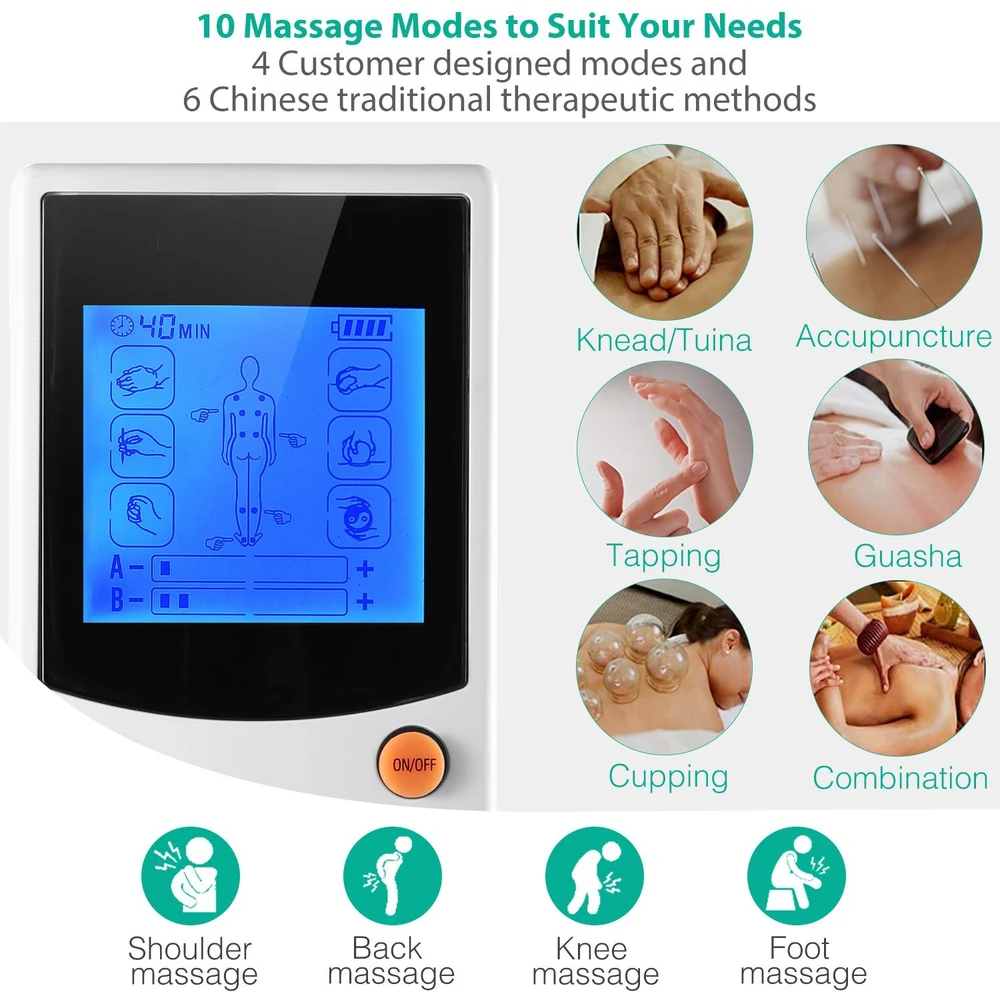 Massage device control panel with an LCD display showing 10 customizable massage modes including shoulder, back, knee, and foot massage options, alongside images of traditional Chinese therapies like knead/tuina, acupuncture, tapping, guasha, cupping, and combination techniques.