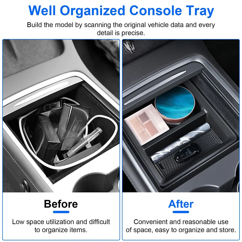 Side-by-side comparison of a car console tray showcasing the disorganized 'Before' state with scattered items and the neatly organized 'After' state, emphasizing space efficiency and easy organization.
