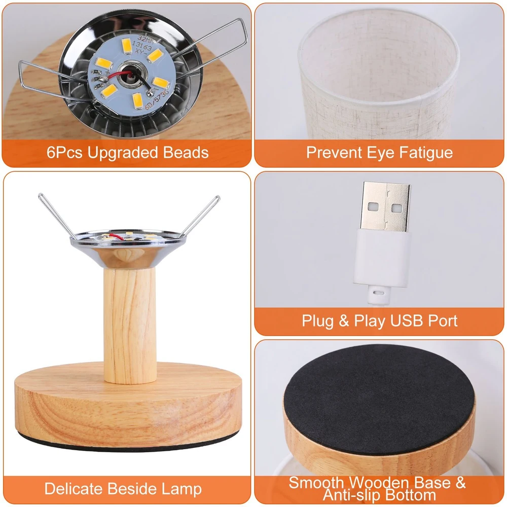 LED bedside lamp with wooden base, USB plug-in, and eye fatigue prevention features, showcasing upgraded lighting and anti-slip bottom design.