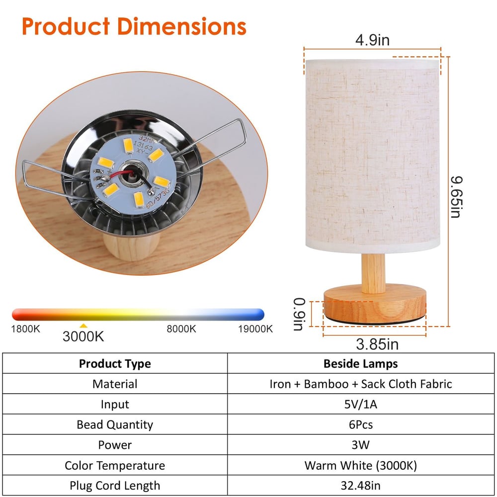 Warm white bedside lamp featuring a bamboo and iron base with a cloth shade, displaying product dimensions and specifications for easy reference.