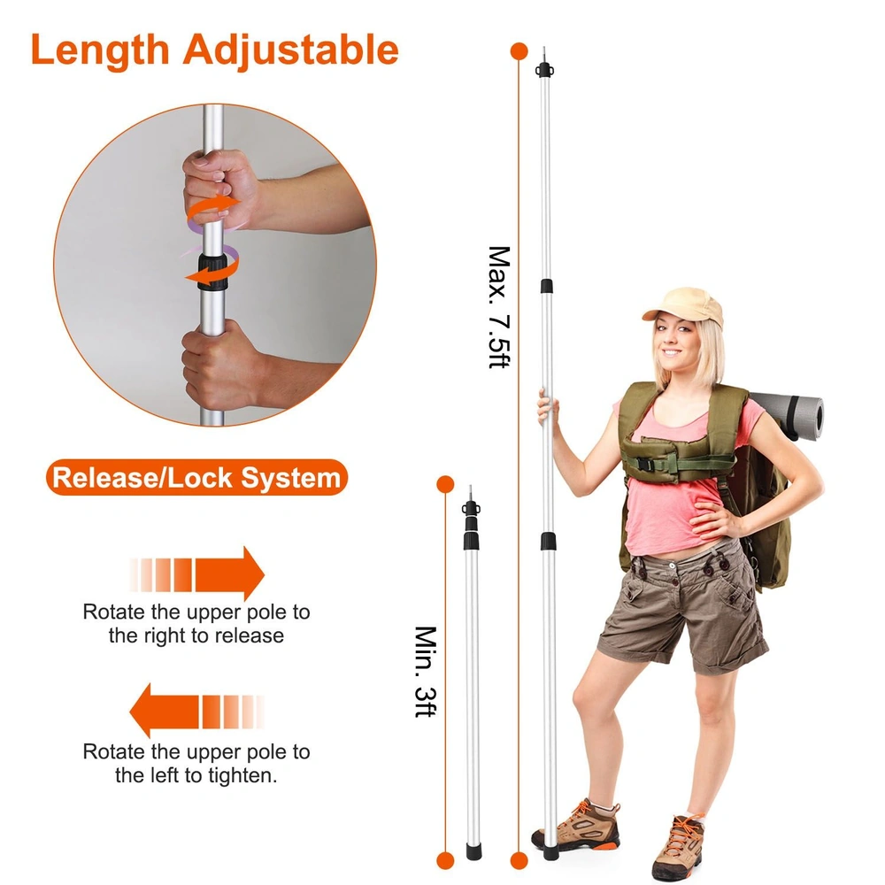 Length adjustable hiking pole with release/lock system, shown at maximum height of 7.5 feet and minimum height of 3 feet, held by an outdoor enthusiast wearing a backpack and shorts.