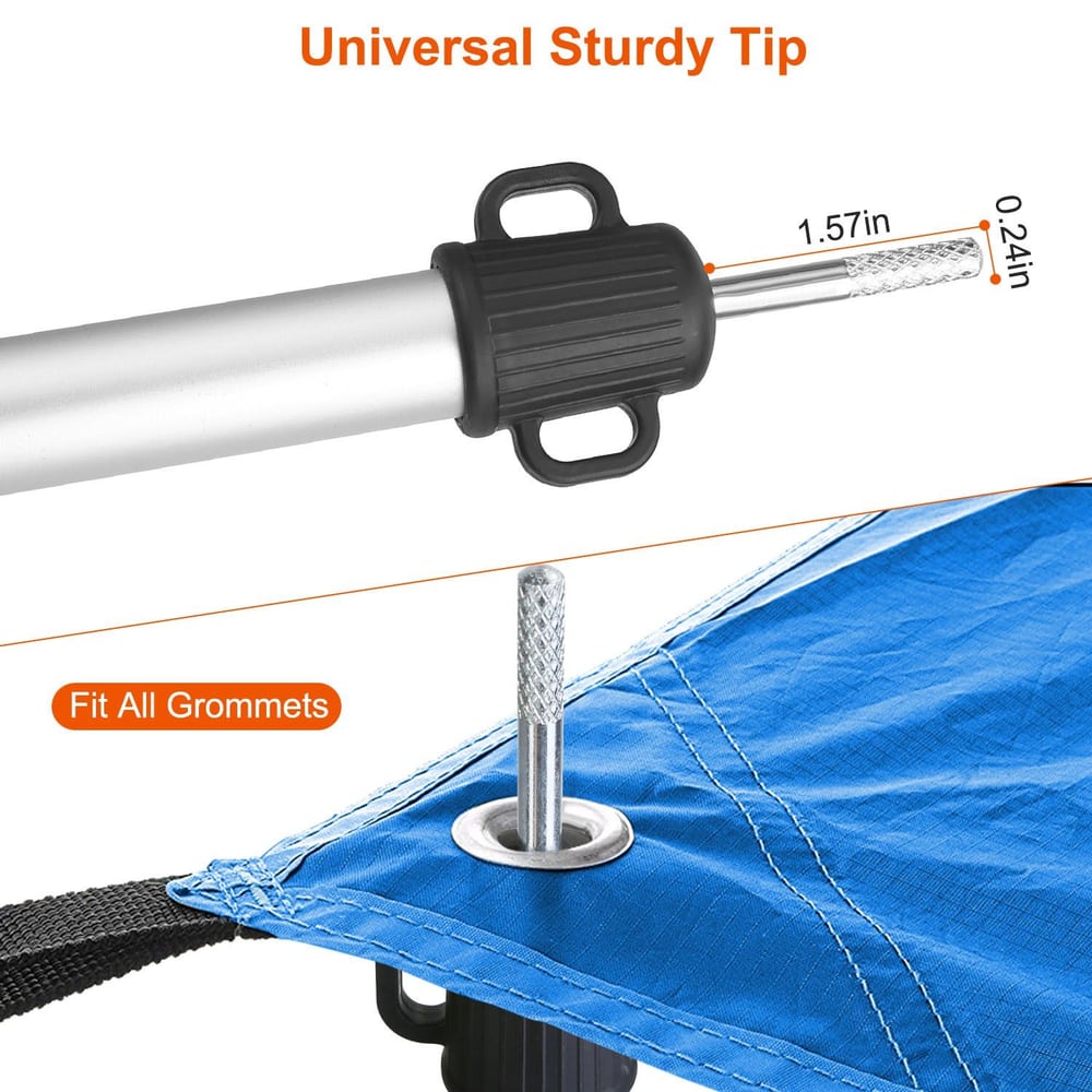Universal sturdy tip for tarps, highlighting its compatibility with all grommets and demonstrating a robust aluminum design.