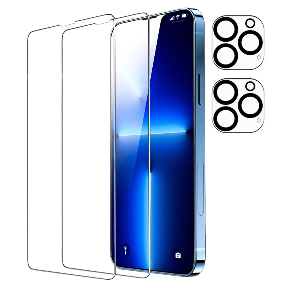 iPhone screen protector and camera lens cover set, featuring two ultra-clear tempered glass screen protectors and two camera lens protectors, designed for optimal protection and clarity for your device.