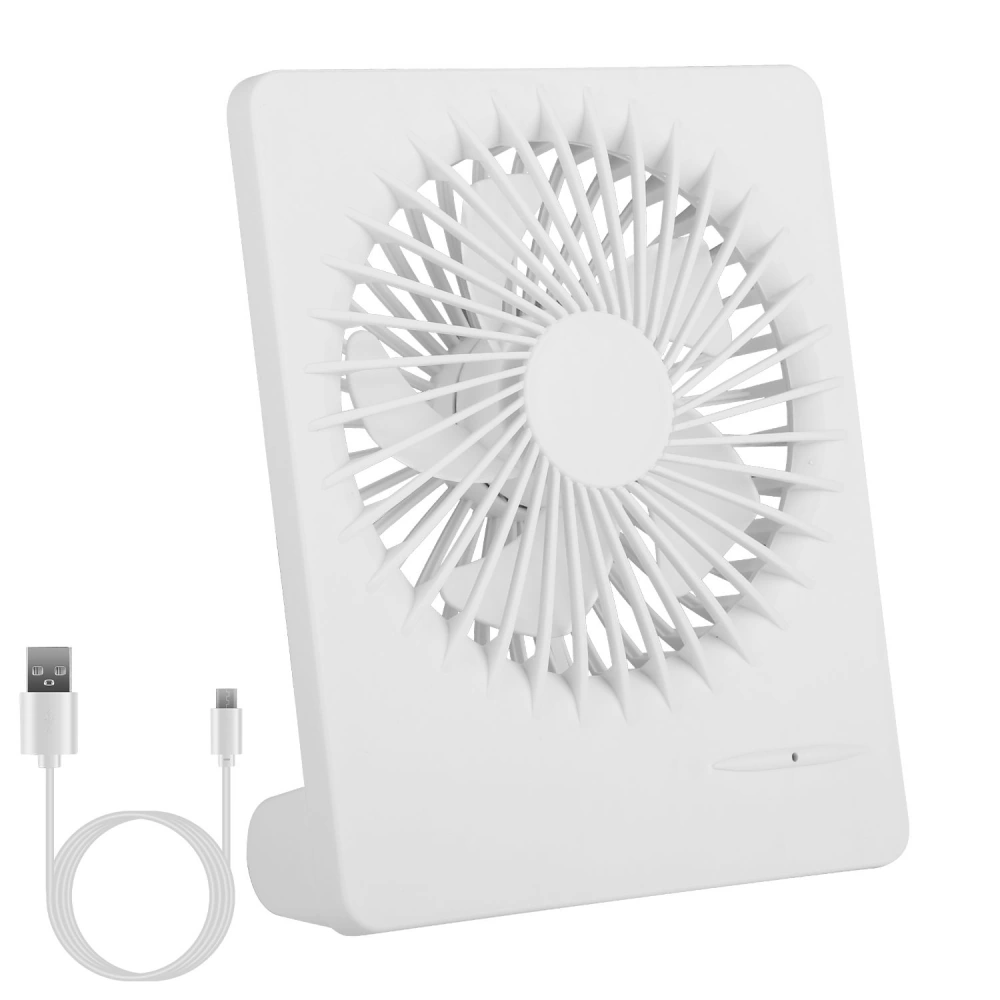 Portable white desktop fan with USB charging cable, designed for personal cooling and optimal airflow.